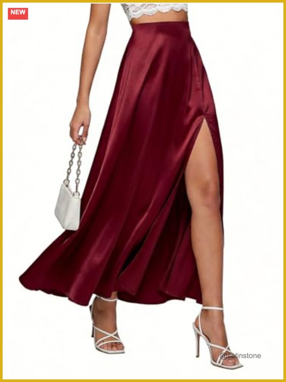 Satin Maxi Skirt High Waisted Side Slit A-Line with Pockets